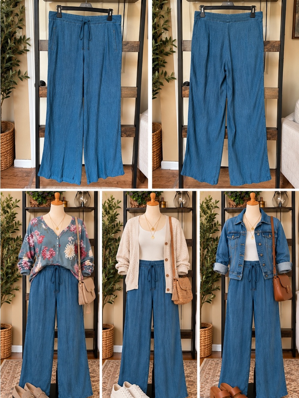 Ellen Tracy Linen Blend Wide-Leg Drawstring Pants in Denim Blue